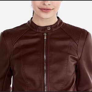 Women's Burgundy Minus The Leather Double Peplum Moto Jacket